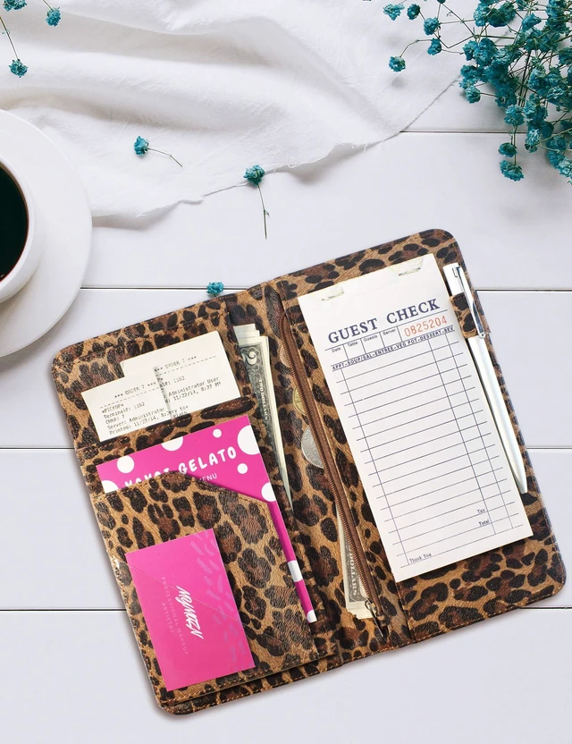 Alt view image 7 of 7 - Server Book for Waitress with Zipper Pocket, Magnetic Closure, Leopard Cute Waitress Book Wallet with Money Pouch, Cheetah 5"x9", Restaurant Accessories, Waitstaff Organizer for Server Apron