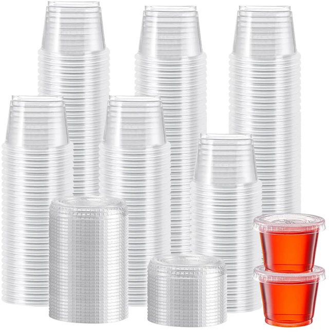 Main image of 500 Set 1 oz Jello Shot Cups with Lids, Small Plastic Condiment Cups Food Safe Disposable Soufflé Storage Portion Containers for Salad, Dressing, Sauce, Dipping, Snacks