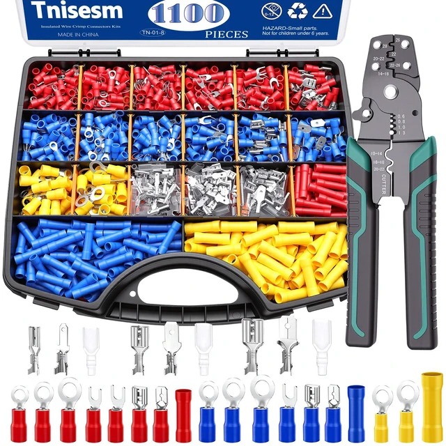 Main image of 1100PCS Wire Connector Kit with Crimping Tool, Copper Insulated Electrical Wire Terminals - Ring, Butt, Spade, Fork, Assorted Crimp Connectors in Reusable Carrying Case
