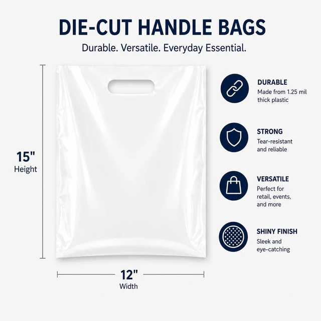 Alt view image 2 of 6 - 200 Count White Plastic Merchandise Bags, 12" x 15", Die-Cut Handle Retail Shopping Bags, Plastic Gift Bags for Retail Stores and Events