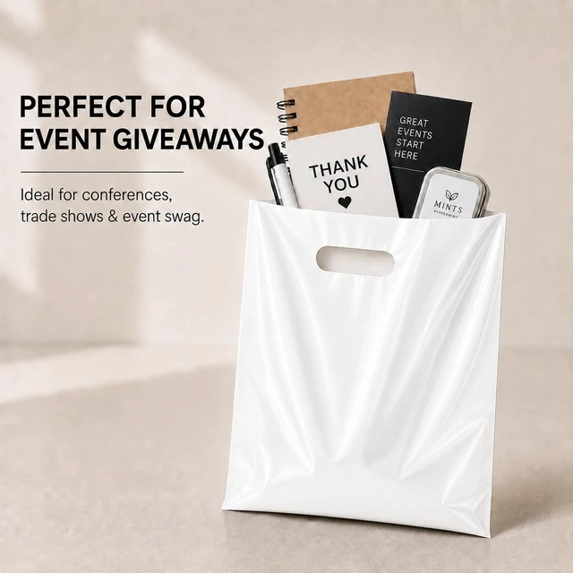 Alt view image 3 of 6 - 200 Count White Plastic Merchandise Bags, 12" x 15", Die-Cut Handle Retail Shopping Bags, Plastic Gift Bags for Retail Stores and Events