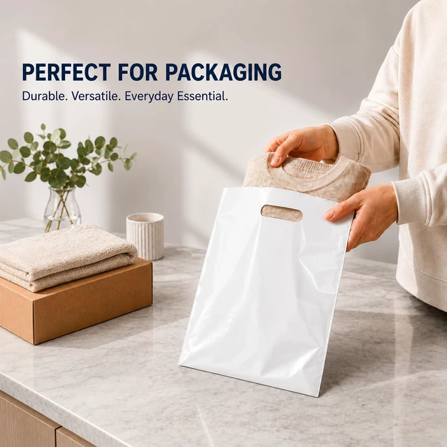 Alt view image 4 of 6 - 200 Count White Plastic Merchandise Bags, 12" x 15", Die-Cut Handle Retail Shopping Bags, Plastic Gift Bags for Retail Stores and Events