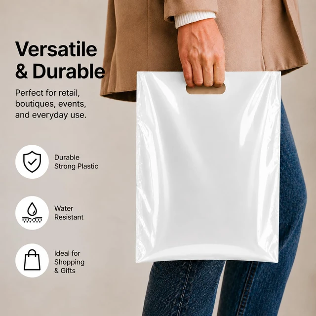 Alt view image 5 of 6 - 200 Count White Plastic Merchandise Bags, 12" x 15", Die-Cut Handle Retail Shopping Bags, Plastic Gift Bags for Retail Stores and Events
