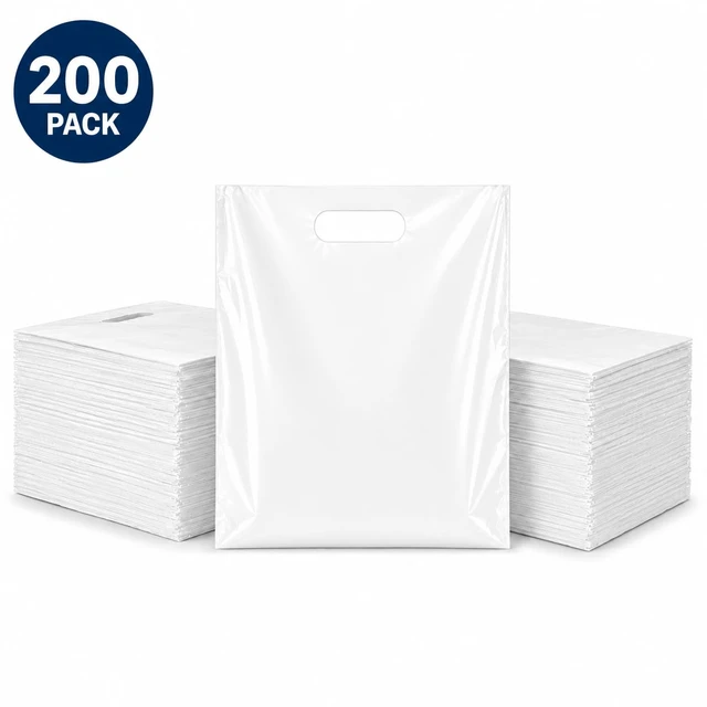 Alt view image 6 of 6 - 200 Count White Plastic Merchandise Bags, 12" x 15", Die-Cut Handle Retail Shopping Bags, Plastic Gift Bags for Retail Stores and Events