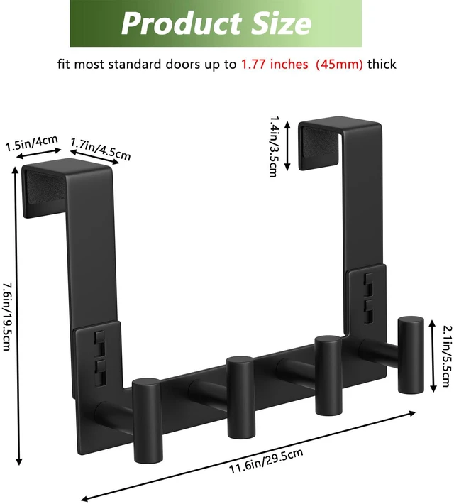 Alt view image 2 of 7 - Stainless Steel Over The Door Hooks Heavy Duty, Bathroom Towel Holder Door Mount Coat Rack Towel Rack for Bedroom, Doors Hangers Towel Hooks for Bathroom Dorm Essentials (1Pack, Black-4 Hooks)