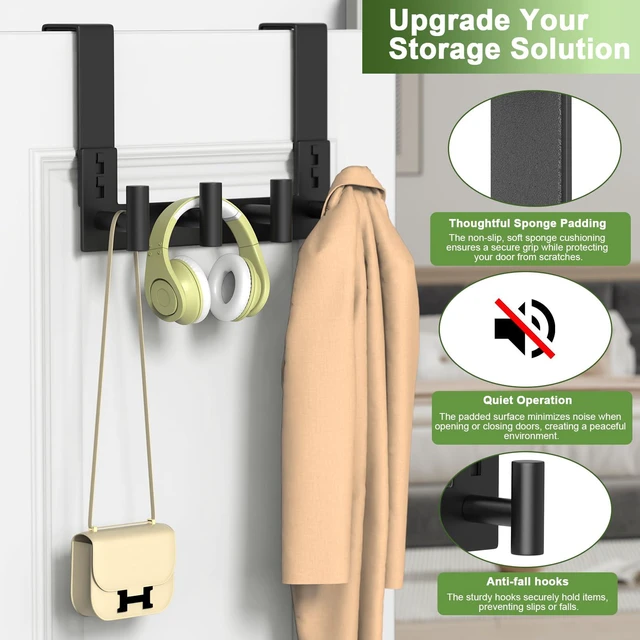 Alt view image 6 of 7 - Stainless Steel Over The Door Hooks Heavy Duty, Bathroom Towel Holder Door Mount Coat Rack Towel Rack for Bedroom, Doors Hangers Towel Hooks for Bathroom Dorm Essentials (1Pack, Black-4 Hooks)