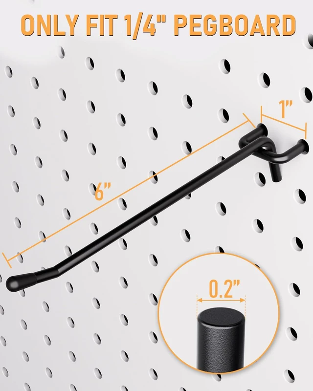 Alt view image 4 of 7 - 60 Pack 6 Inch Black Pegboard Hooks, 1/4" Heavy Duty Peg Board Shelving Hooks Accessories, Fit for 1/4" Pegboard, Garage, Crafts, Kitchen, Store, Peg Board Tool Hangers