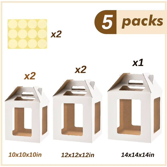 Alt view image 2 of 5 - Tall Cake Boxes 6 Windows with handle, In 3 Size 10x10x10&12x12x12&14x14x14inch Cake Carrier,Square Cake box,Take Out Transport Containers for Wedding, Birthday, Party(5Pcs-White)