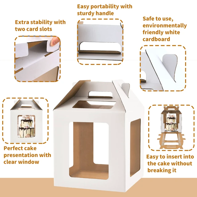 Alt view image 3 of 5 - Tall Cake Boxes 6 Windows with handle, In 3 Size 10x10x10&12x12x12&14x14x14inch Cake Carrier,Square Cake box,Take Out Transport Containers for Wedding, Birthday, Party(5Pcs-White)