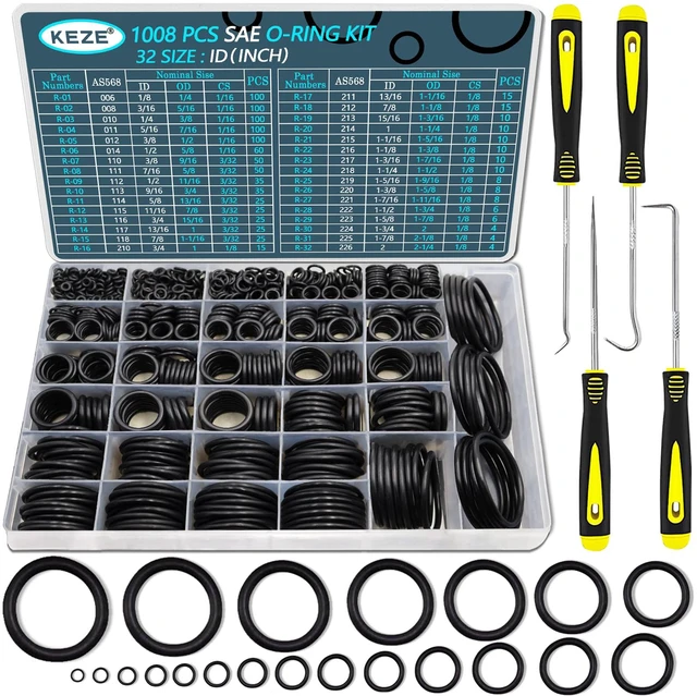 Main image of 1008 Pcs SAE O Ring Kit,32 Sizes USA Standard Nitrile 70A Rubber Seals Inch O Rings Set with 4 Pieces O Rings Remover Tools for Faucet Automotive Hydraulic Plumbing AS568:006-226