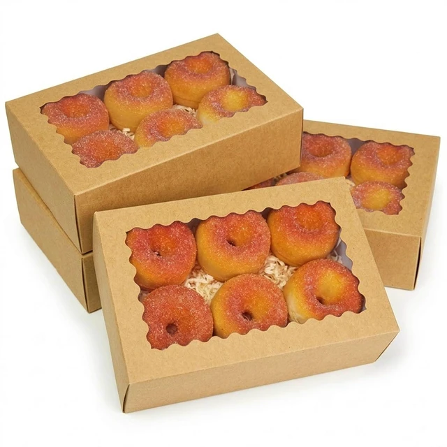 Main image of Auto-pop up Cookie Box with Window 9x6x2.5 Inch Brown 50Pcs Pastry Macaron Bakery Pie Box For Packaging