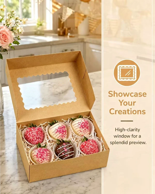 Alt view image 6 of 7 - Auto-pop up Cookie Box with Window 9x6x2.5 Inch Brown 50Pcs Pastry Macaron Bakery Pie Box For Packaging