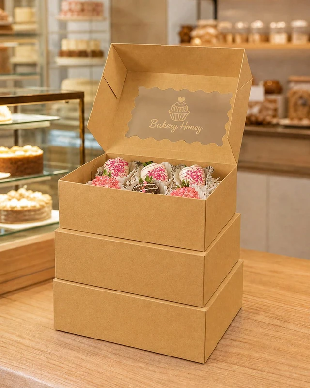 Alt view image 7 of 7 - Auto-pop up Cookie Box with Window 9x6x2.5 Inch Brown 50Pcs Pastry Macaron Bakery Pie Box For Packaging