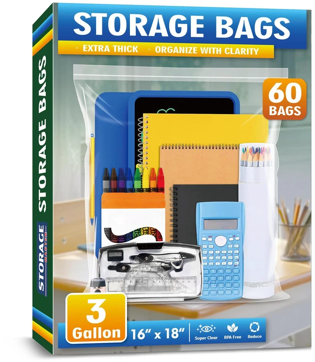 Main image of Large 3 Gallon Zippered Plastic Bags for - 16'' x 18'', Ideal for Clothes Clothing, Travel, Moving, 2-mil Thick Clear Plastic, 60 pack