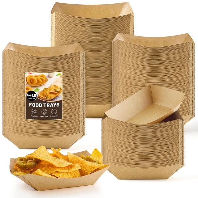 Main image of 200 Pack 1/4 Lb Mini Paper Food Trays Disposable, Small, Bulk, Brown Kraft Paper, Food Boats, Serving Baskets, For Individual Party Nachos Snacks Fries