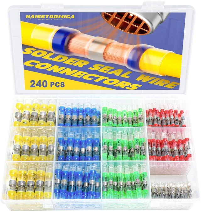 Main image of 240PCS Solder Seal Wire Connectors Kit, 5 Colors/5 Sizes 26-10 AWG, Wire Gauge Markings, Clear Sleeves, Hot-Melt Adhesive Rings, Compartment Storage, Automotive Wiring