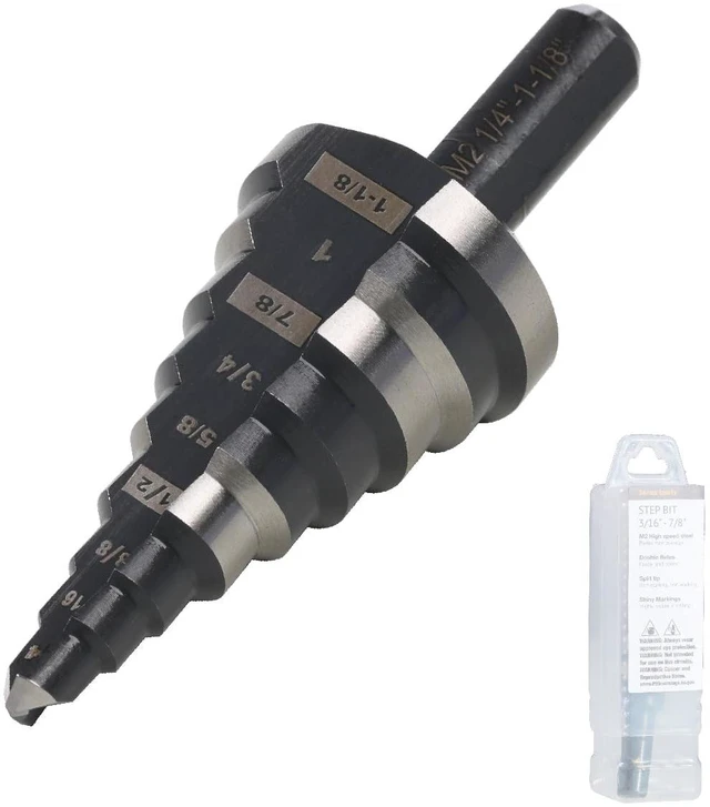 Main image of 1/4"-1-1/8" M2 Step Drill Bit Unibit for Hole Drilling 9 Sizes M2 High Speed Steel; Double Spiral Flutes; Fast, Clean Cuts in Stainless Steel, Copper, Aluminum, Wood, Plastic