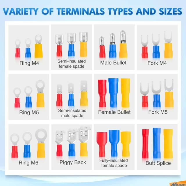 Alt view image 2 of 7 - 1500PCS Mixed Quick Disconnect Insulated Electrical Crimp Terminals Butt Bullet Spade Bullet Fork Ring Solderless butt Splice piggyback Male Female Connector Assortment for 22-10 AWG Wire