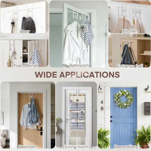 Alt view image 7 of 7 - Over The Door Hooks, 4 Packs Double Sided-Hanger Fits Door 1-7/8"White No Scratch Door Hanger Hook, Heavy Duty No Drill Wall Hooks for Hanging Coats Towels Bags Wreath Kitchen Bathroom 5.12"L