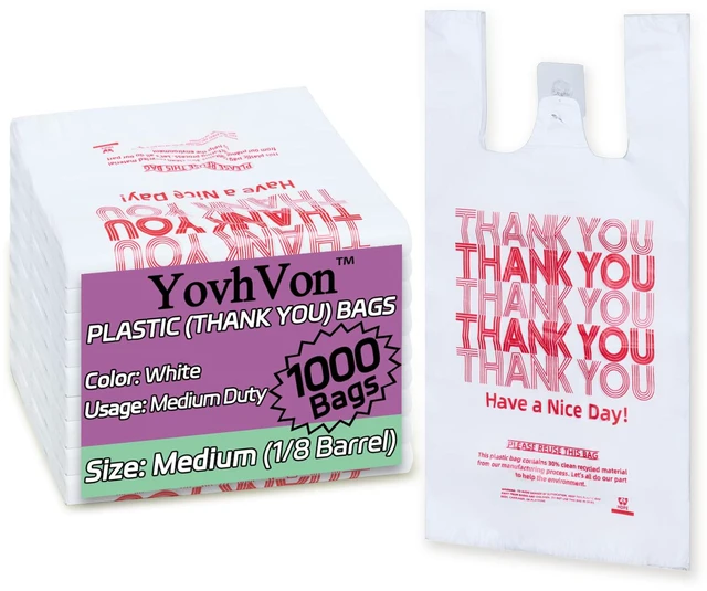 Main image of Medium Size 1000 Count Plastic Bags with Handles, T-Shirt Bag, Thank You bags, Shopping Bag, Grocery bag, |for Store, Carry, Pack, Retail|, White, 1/8 Barrel, 10"x5"x18"