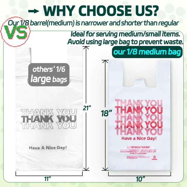 Alt view image 2 of 6 - Medium Size 1000 Count Plastic Bags with Handles, T-Shirt Bag, Thank You bags, Shopping Bag, Grocery bag, |for Store, Carry, Pack, Retail|, White, 1/8 Barrel, 10"x5"x18"