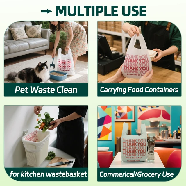 Alt view image 5 of 6 - Medium Size 1000 Count Plastic Bags with Handles, T-Shirt Bag, Thank You bags, Shopping Bag, Grocery bag, |for Store, Carry, Pack, Retail|, White, 1/8 Barrel, 10"x5"x18"