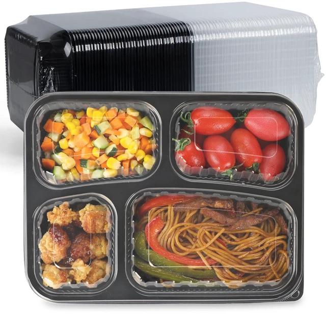 Main image of 40 Pack 34oz 4-Compartment Bento Box - Shrink-Wrapped No Pre-Wash Leak-Resistant Takeout Containers | BPA Free Shatterproof Flexible PP | Microwave Safe To Go Box, Bulk Leftover Storage