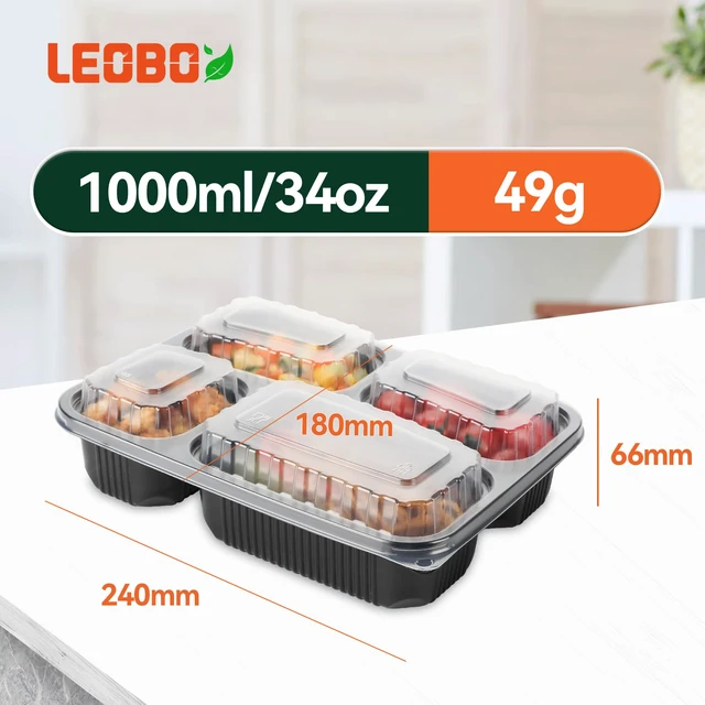 Alt view image 5 of 6 - 40 Pack 34oz 4-Compartment Bento Box - Shrink-Wrapped No Pre-Wash Leak-Resistant Takeout Containers | BPA Free Shatterproof Flexible PP | Microwave Safe To Go Box, Bulk Leftover Storage