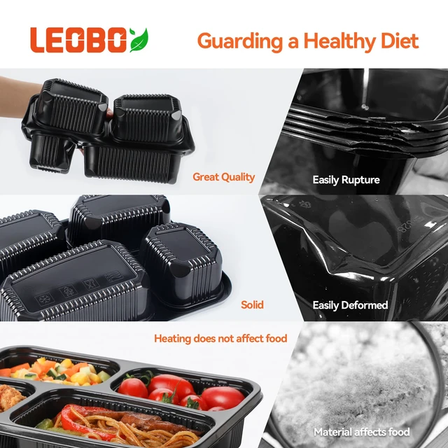 Alt view image 6 of 6 - 40 Pack 34oz 4-Compartment Bento Box - Shrink-Wrapped No Pre-Wash Leak-Resistant Takeout Containers | BPA Free Shatterproof Flexible PP | Microwave Safe To Go Box, Bulk Leftover Storage