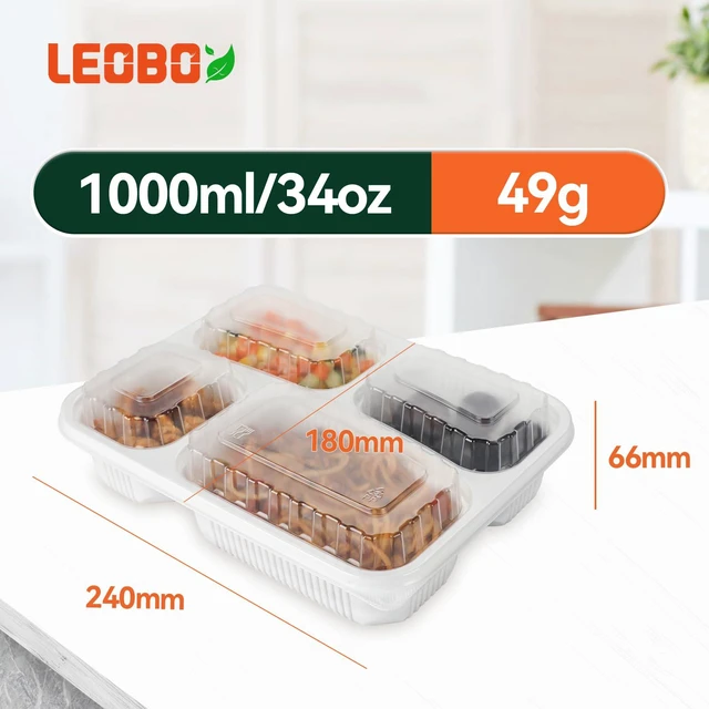 Alt view image 5 of 6 - 40 Pack 34oz 4-Compartment Bento Box - Shrink Wrapped No Pre-Wash BPA Free Leak-Resistant Takeout Containers | Microwave Safe | Shatterproof Flexible PP To Go Box, Bulk Leftover Storage