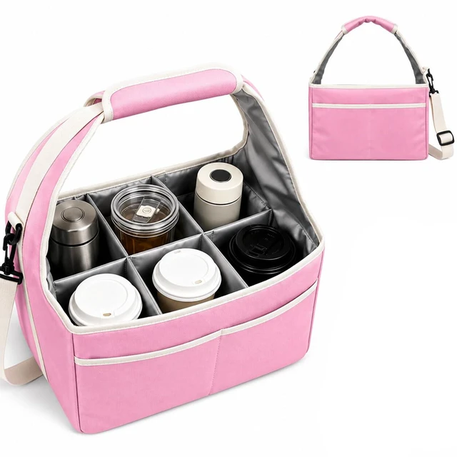 Main image of Reusable Drink Carrier Tote Bag with Handle Family Size 6 Compartment Water Bottle Holder with Adjustable Shoulder Strap & Removable Dividers Multiple Tumbler Caddy for Car,Delivery,Family Outings