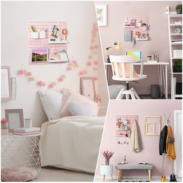 Alt view image 2 of 6 - Pegboard Combination Wall Organizer Kit 22" x 22", Pink 4 Pieces Pegboards and 17 Accessories, Wall Mount Display Peg board Panel Kits for Bedroom, Home, Office, Bathroom