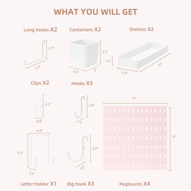 Alt view image 3 of 6 - Pegboard Combination Wall Organizer Kit 22" x 22", Pink 4 Pieces Pegboards and 17 Accessories, Wall Mount Display Peg board Panel Kits for Bedroom, Home, Office, Bathroom