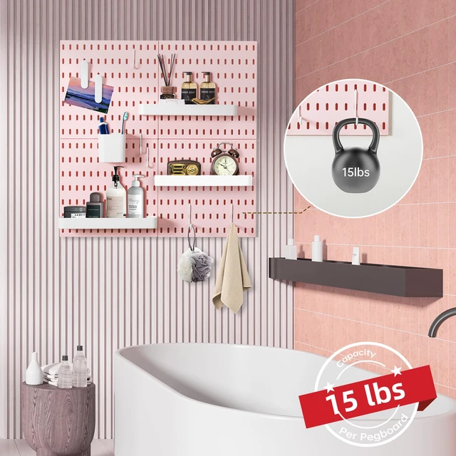 Alt view image 6 of 6 - Pegboard Combination Wall Organizer Kit 22" x 22", Pink 4 Pieces Pegboards and 17 Accessories, Wall Mount Display Peg board Panel Kits for Bedroom, Home, Office, Bathroom
