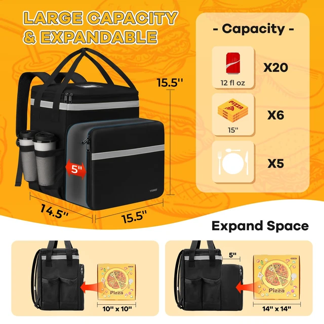 Alt view image 2 of 7 - Expandable Delivery Bag, Insulated Grocery Backpack, Pizza Bag with Reflective Strip, 600D Food Delivery Bag Fits Bike, Doordash, Uber Eats, Large Insulated Pizza Bag, Food Backpack