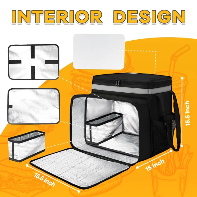 Alt view image 4 of 7 - Expandable Delivery Bag, Insulated Grocery Backpack, Pizza Bag with Reflective Strip, 600D Food Delivery Bag Fits Bike, Doordash, Uber Eats, Large Insulated Pizza Bag, Food Backpack