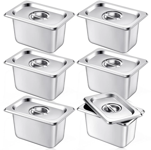 Main image of 6 Pack Stainless 1/9 Size x 4 Inch Deep Steam Table Pans with Lids Designed for Serving and Food Prep at Buffets, Restaurants, Hotels, Parties, and Home Kitchens; Reusable and Stackable