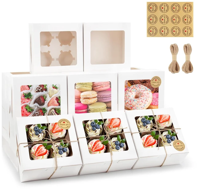 Main image of Cupcake Boxes with Window, 6x6x3 Inches Cookie Boxes,50 Pack,White Bakery Treat Boxes for Pastry, Desserts, Chocolate Strawberries, Cupcake Containerss for Gift Giving with Stickers & Twine