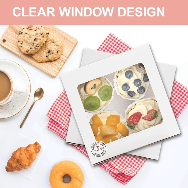 Alt view image 4 of 7 - Cupcake Boxes with Window, 6x6x3 Inches Cookie Boxes,50 Pack,White Bakery Treat Boxes for Pastry, Desserts, Chocolate Strawberries, Cupcake Containerss for Gift Giving with Stickers & Twine