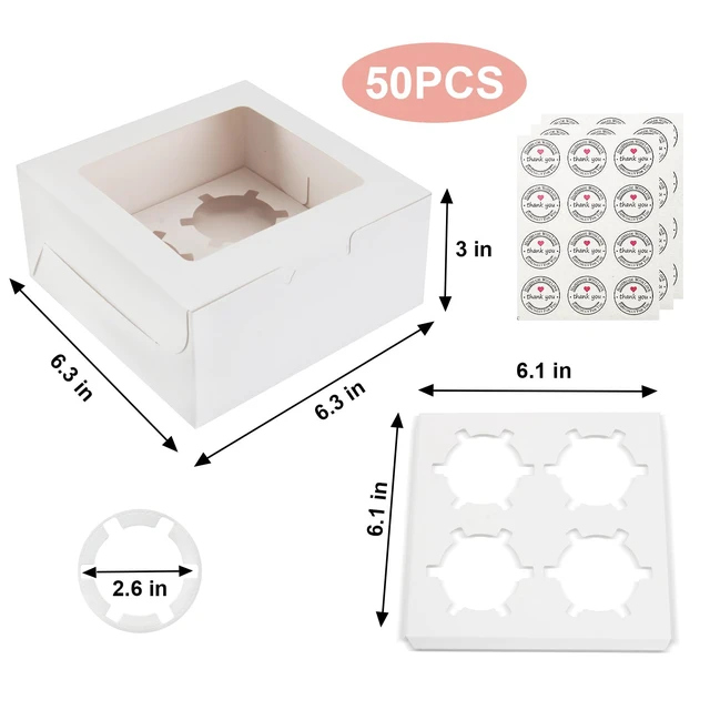 Alt view image 2 of 7 - Cupcake Boxes with Window, 6x6x3 Inches Cookie Boxes,50 Pack,White Bakery Treat Boxes for Pastry, Desserts, Chocolate Strawberries, Cupcake Containerss for Gift Giving with Stickers & Twine