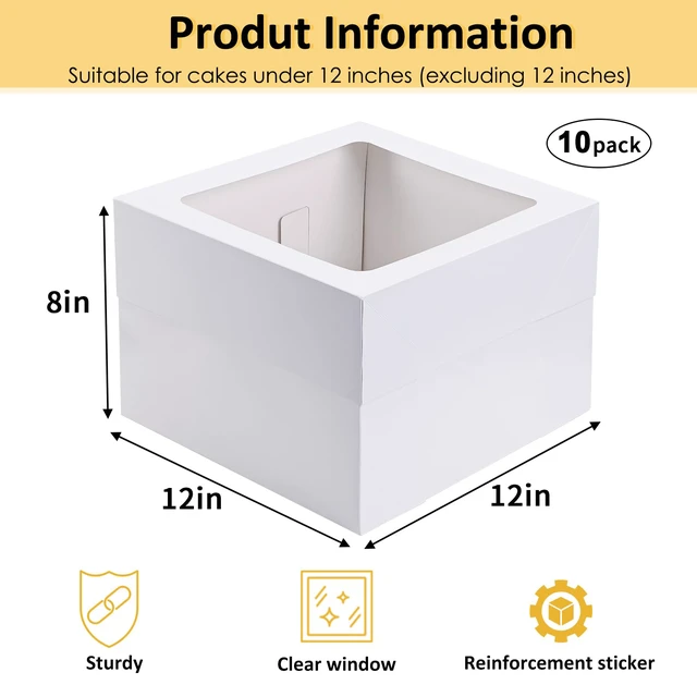 Alt view image 2 of 7 - 10pcs 12x12x8 Inch Tall Cake Boxes, White Bakery Boxes with Window 325gsm Thickness Cardboard, Flat and Pre-folded for Easy Assembly, Highlight Your Baked Cakes and Display Gifts Perfectly