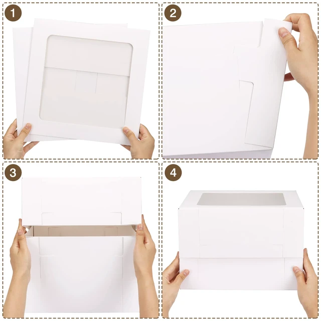 Alt view image 4 of 7 - 10pcs 12x12x8 Inch Tall Cake Boxes, White Bakery Boxes with Window 325gsm Thickness Cardboard, Flat and Pre-folded for Easy Assembly, Highlight Your Baked Cakes and Display Gifts Perfectly