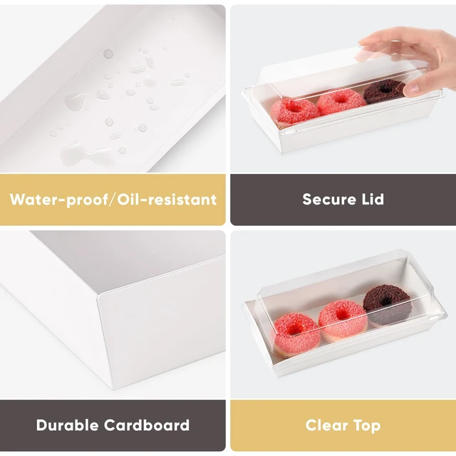 Alt view image 4 of 7 - 50 Pack 7.5x3.3in Small Charcuterie Boxes with Clear Lids, Mini Treat Box Disposable Grease-Proof Paper Containers, Dessert Packaging For Cookies, Cake Slice, Chocolate Strawberry, Donut, Pastry