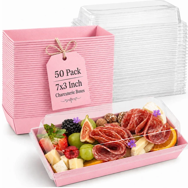 Main image of 50 Pack 7.5x3.3in Small Charcuterie Boxes with Clear Lids, Mini Treat Box Disposable Grease-Proof Paper Containers, Dessert Packaging For Cookies, Cake Slice, Chocolate Strawberry, Donut, Pastry