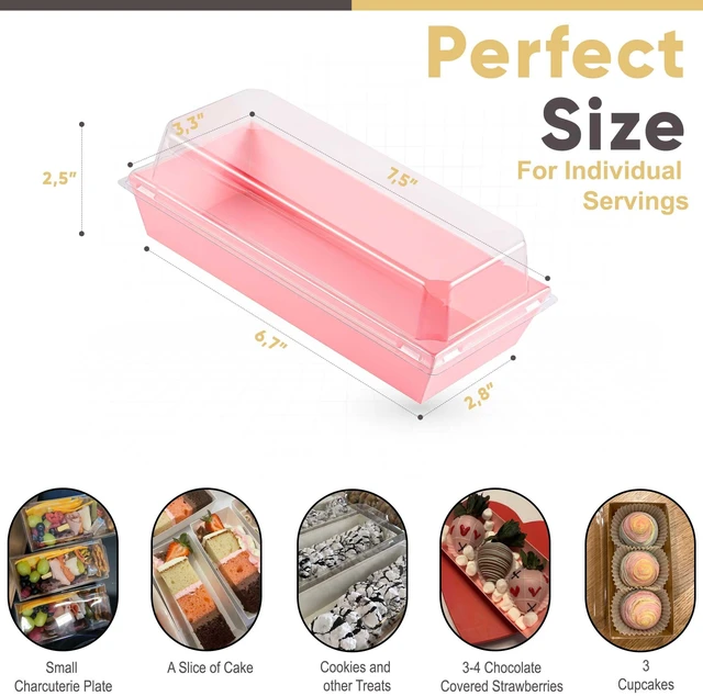 Alt view image 2 of 7 - 50 Pack 7.5x3.3in Small Charcuterie Boxes with Clear Lids, Mini Treat Box Disposable Grease-Proof Paper Containers, Dessert Packaging For Cookies, Cake Slice, Chocolate Strawberry, Donut, Pastry