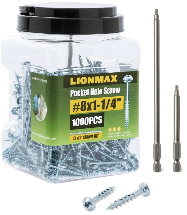 Main image of Pocket Hole Screws 1-1/4 Inch, 1000 PCS, Interior #8 Pocket Screws Galvanized, Rust Resistant, Coarse Thread, Square Drive, Washer Head, Zinc Plated, Self Tapping, 150MM Drive Bit Included