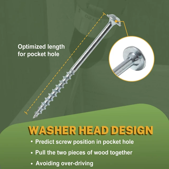 Alt view image 3 of 7 - Pocket Hole Screws 1-1/4 Inch, 1000 PCS, Interior #8 Pocket Screws Galvanized, Rust Resistant, Coarse Thread, Square Drive, Washer Head, Zinc Plated, Self Tapping, 150MM Drive Bit Included
