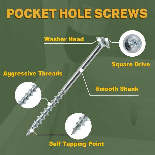 Alt view image 4 of 7 - Pocket Hole Screws 1-1/4 Inch, 1000 PCS, Interior #8 Pocket Screws Galvanized, Rust Resistant, Coarse Thread, Square Drive, Washer Head, Zinc Plated, Self Tapping, 150MM Drive Bit Included
