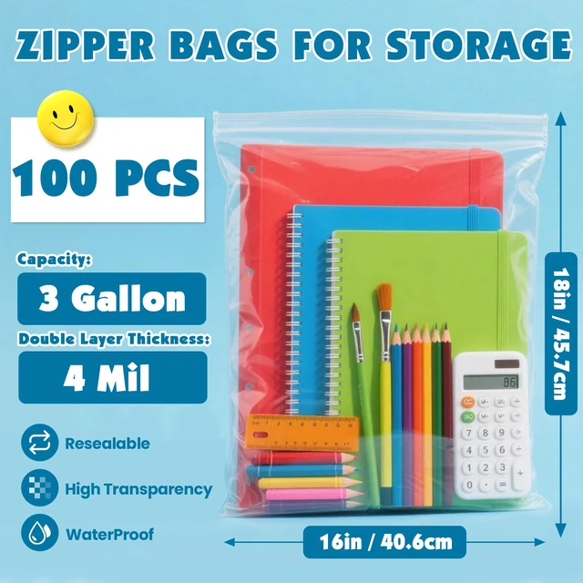 Alt view image 2 of 7 - 100 Pack Large 3 Gallon Storage Bags with Zipper Top, 16 x 18in Zipper Bags Clear Plastic Bag for Storage, Reusable, Sealable Storage Bag for Clothes, Travel & Moving, Double-sided Thickness 4 Mil