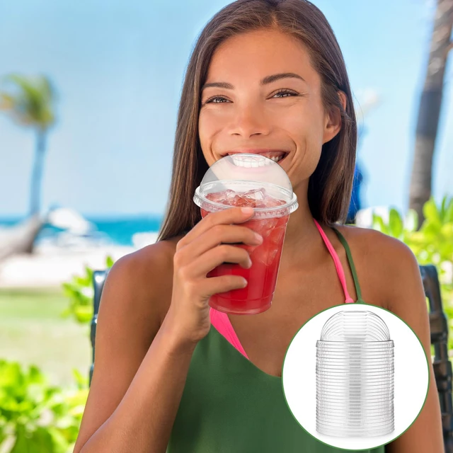 Alt view image 4 of 7 - 500 Pcs Clear Plastic Cup Dome Lids, Classic, 98 mm Clear Disposable Dome Design, Fits 16oz-20oz Plastic Cups, Leak-resistant for Hot Cold Beverages, Coffee Juice Party Cafe
